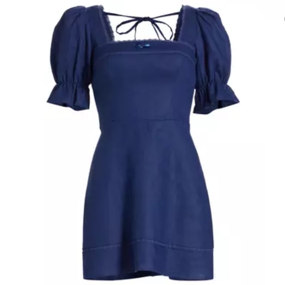 REFORMATION Evianna Puff Sleeve Linen Dress Dark Navy Lace Trim Bow Rosebud Sz 8